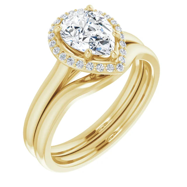 Pear Halo Solitaire Lab Diamond Engagement Ring Yellow Gold. 
