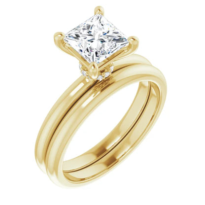 Princess Cut Yellow Gold Low Hidden Halo Solitaire Engagement Ring