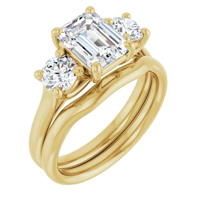 Emerald Yellow Gold Tri Stone Lab Diamond Engagement Ring