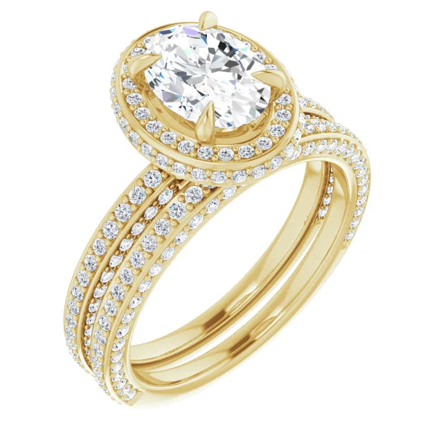 Oval Yellow Gold Halo Pave Style Lab Diamond Engagement Ring 