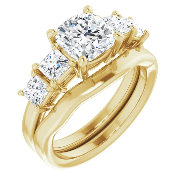 Cushion Yellow Gold Multi Stone Accent Style Engagement Ring