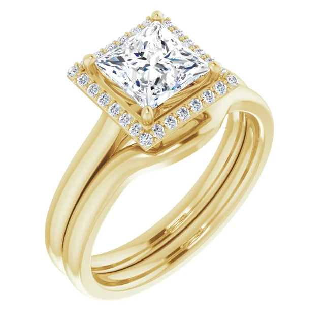 Princess Halo Solitaire Lab Diamond Engagement Ring Yellow Gold. 