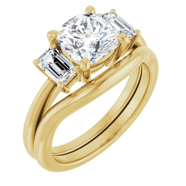 Cushion Yellow Gold Tri Stone Lab Diamond Engagement Ring