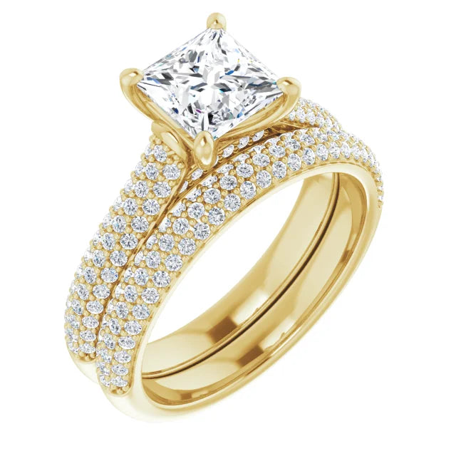 Princess Yellow Gold Pave Lab Diamond Engagement Ring 