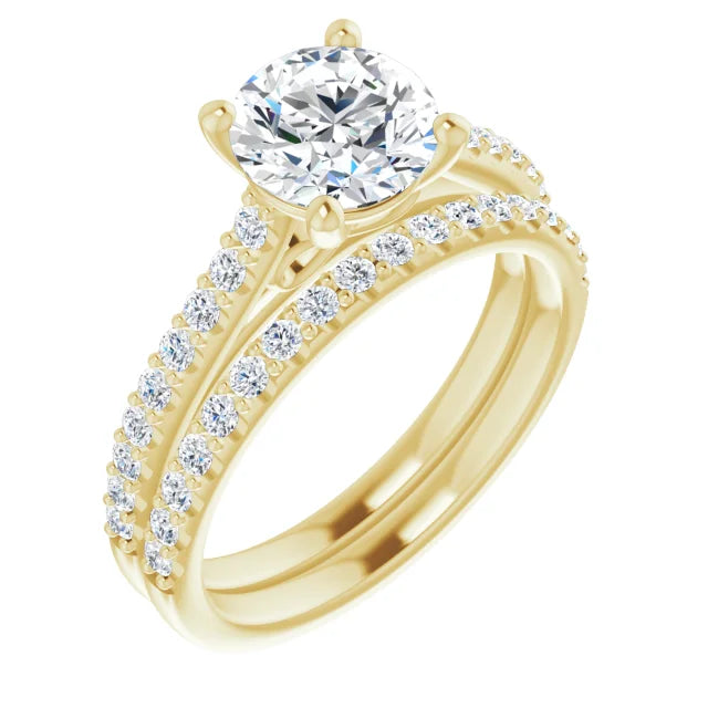 Round Brilliant Yellow Gold Pave Style Lab Diamond Engagement Ring 