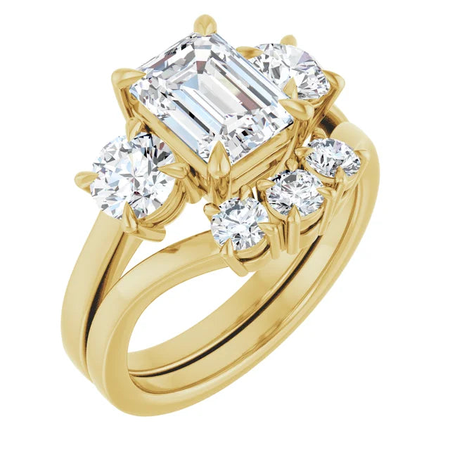 Emerald Yellow Gold Tri Stone Lab Diamond Engagement Ring 