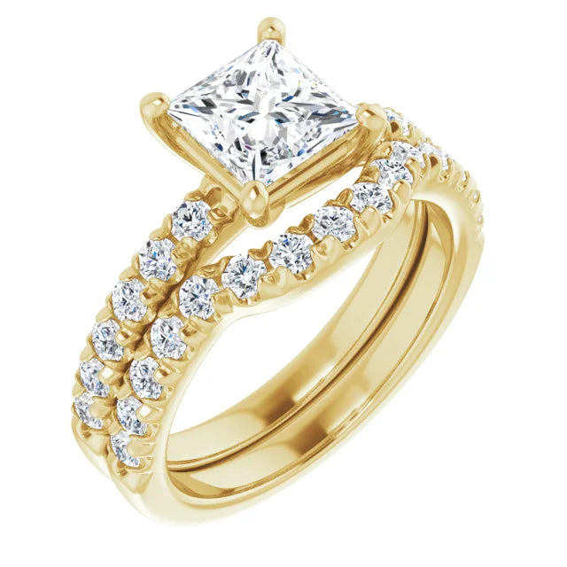 Princess Yellow Gold Four Claw Pave Band Lab Diamond Engagement Ring 