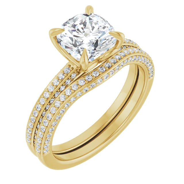 Cushion Yellow Gold Pave Lab Diamond Engagement Ring 