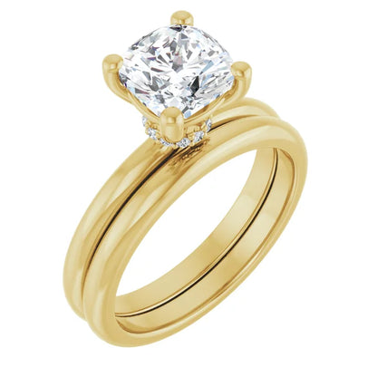 Cushion Cut Yellow Gold Low Hidden Halo Solitaire Engagement Ring