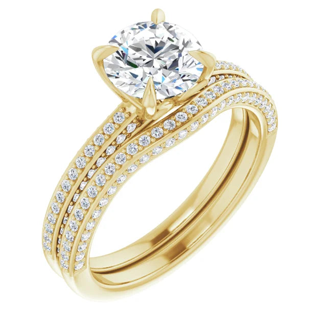Round Brilliant Yellow Gold Pave Lab Diamond Engagement Ring 