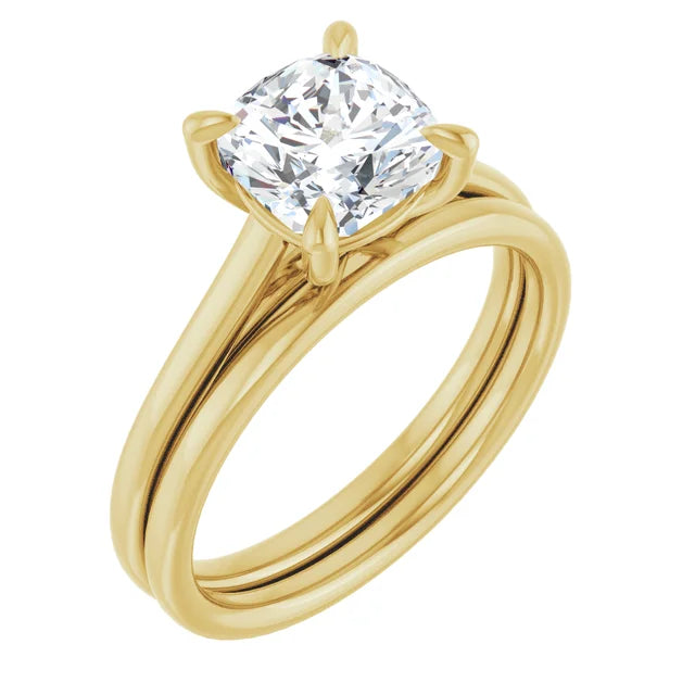 Cushion Yellow Gold Four Claw Solitaire Lab Diamond Engagement Ring 
