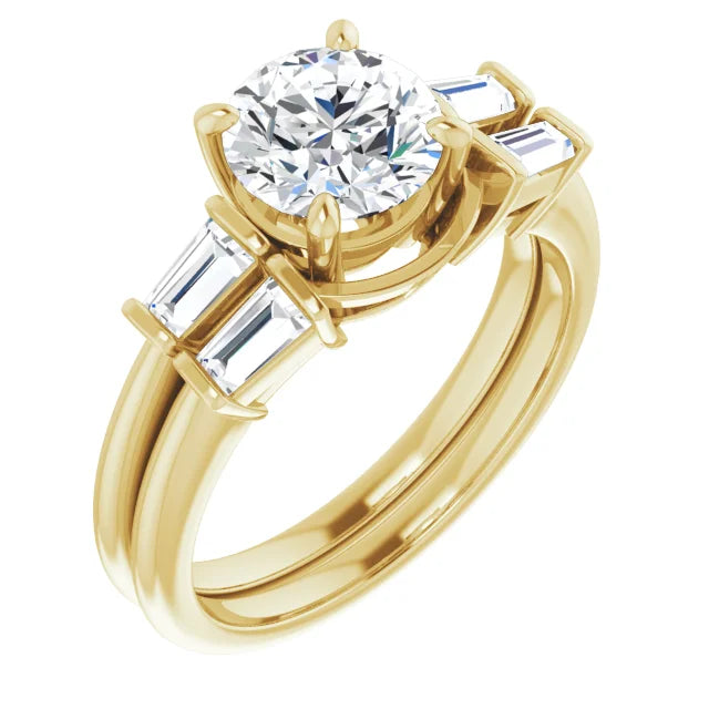 Round Brilliant Yellow Gold Baguette Accent Lab Diamond Engagement Ring 
