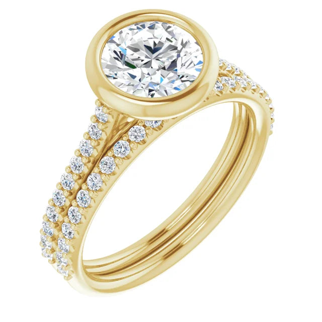 Round Brilliant Yellow Gold Bezel Pave Lab Diamond Engagement Ring 