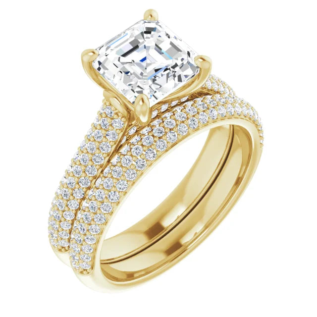 Asscher Yellow Gold Pave Lab Diamond Engagement Ring 