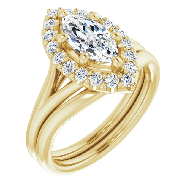 Marquise Yellow Gold Halo Solitaire Split Band Lab Diamond Engagement Ring 