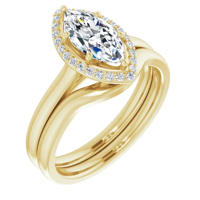 Marquise Halo Solitaire Lab Diamond Engagement Ring Yellow Gold. 
