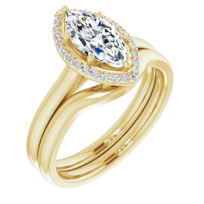 Marquise Halo Solitaire Lab Diamond Engagement Ring Yellow Gold. 